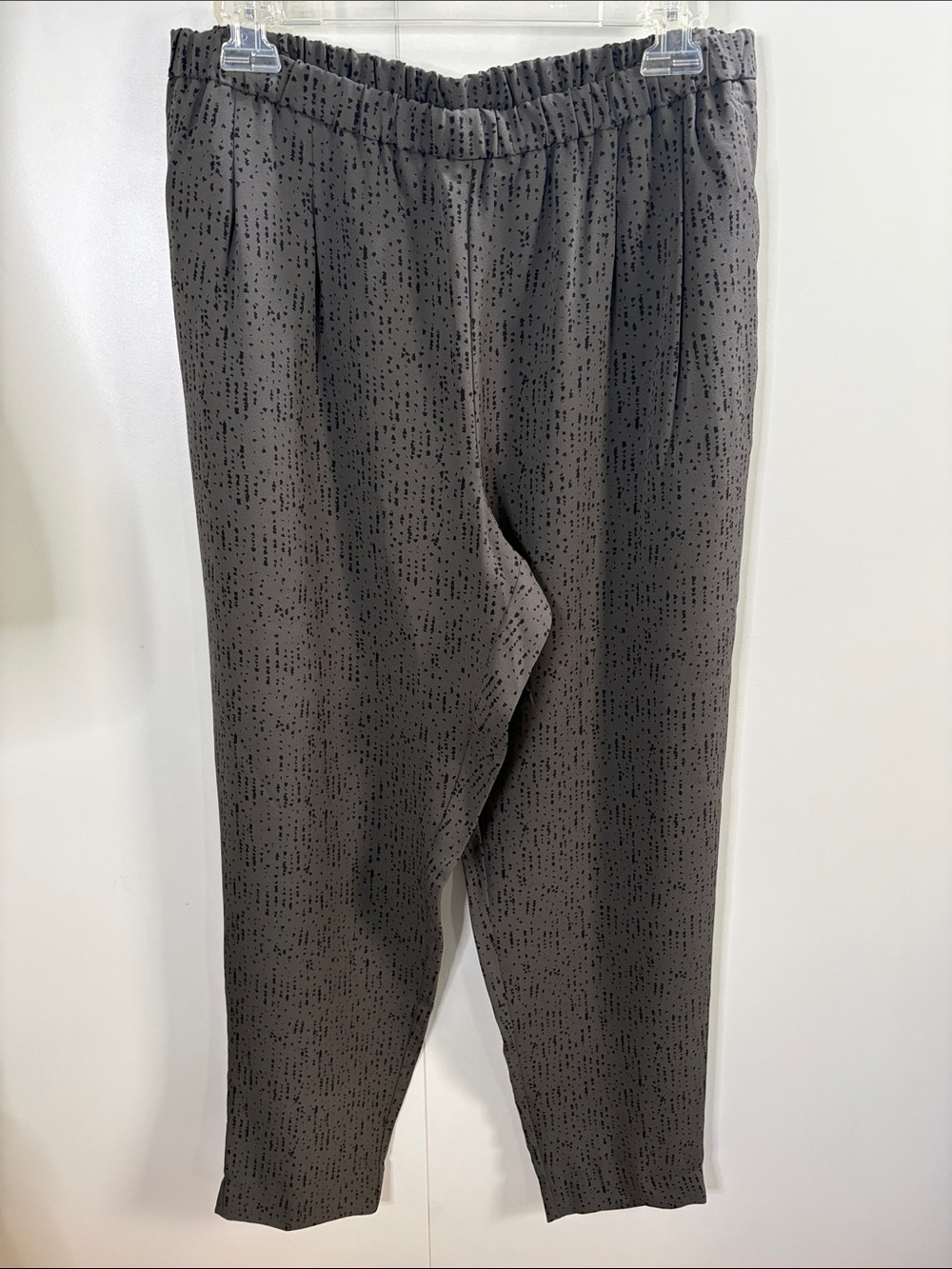 Eileen Fisher 100% Silk Charcoal Gray Patterned Elastic-Waist Tapered Pants M